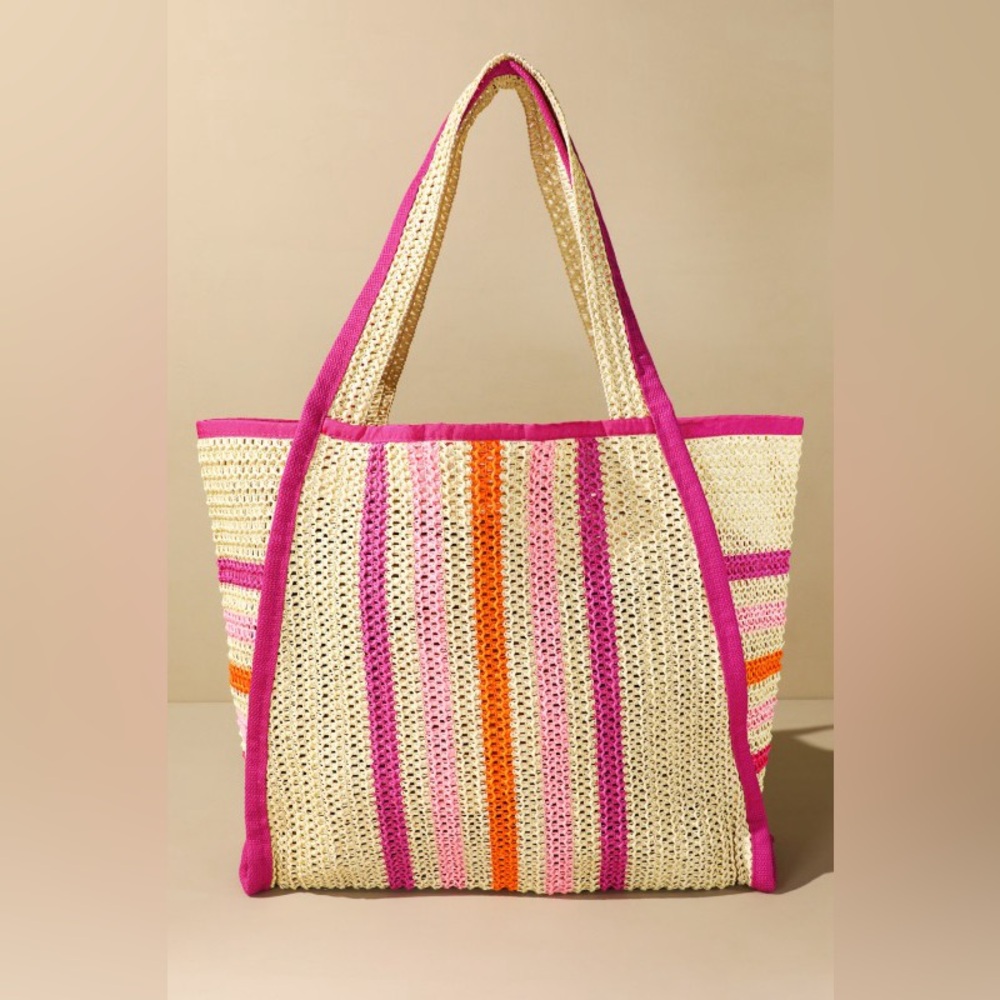 Natural Straw Tote With Multi Color Stripes|Fuschia